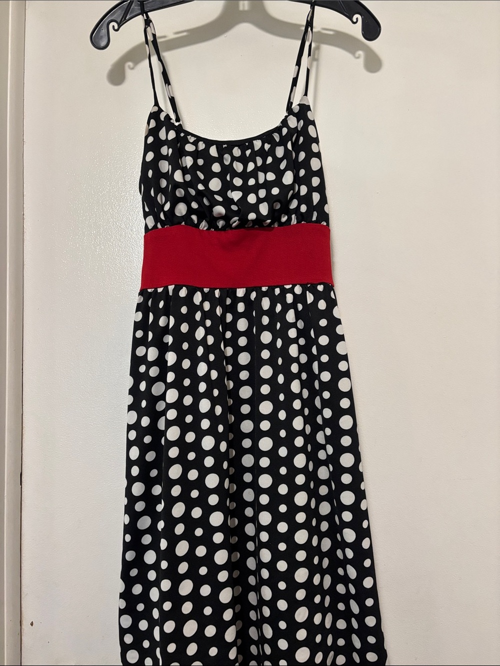 Black and White Polka Dot Dress with Red Waistband and tie